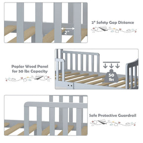 Wood Kids Toddler Bed Frame with Two Side Safety Guardrails for Rooms and Kindergarten