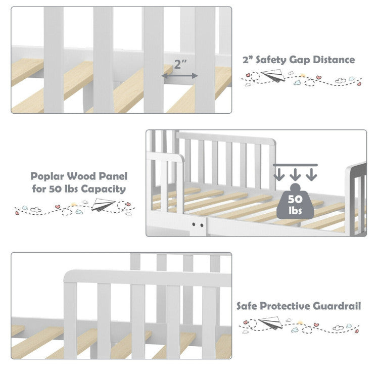 Wood Kids Toddler Bed Frame with Two Side Safety Guardrails for Rooms and Kindergarten