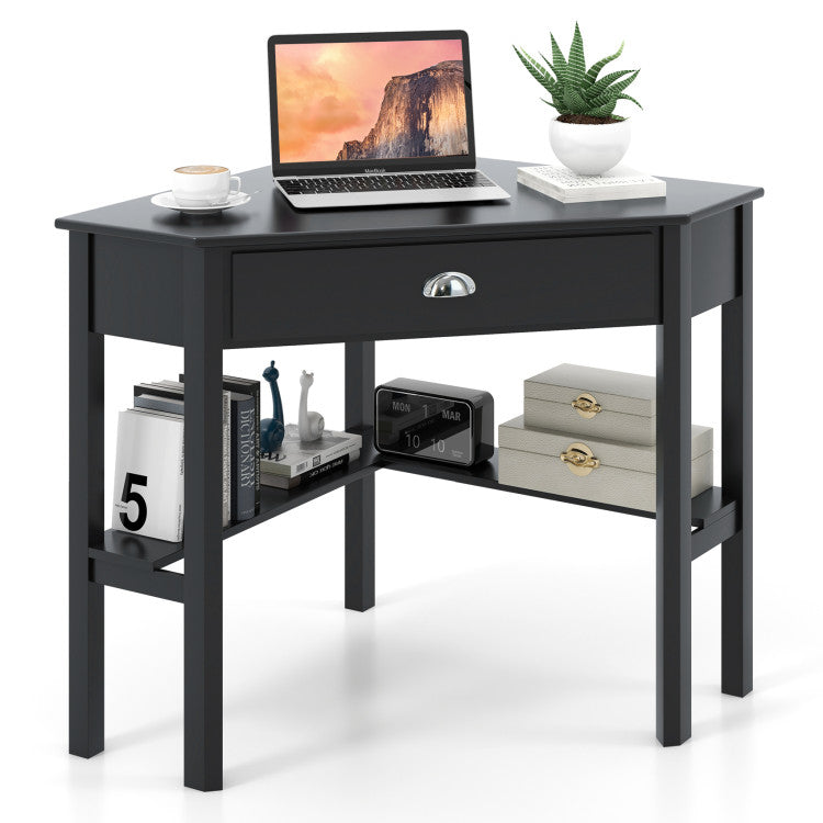 Hikidspace Wooden Corner Desk Laptop Computer Desk with Drawer for Small Space_Black