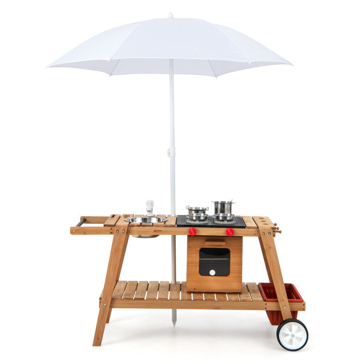 Hikidspace Wooden Pretend Kitchen Play Cart for Toddlers Over 3 Years Old with Sun Proof Umbrella_White