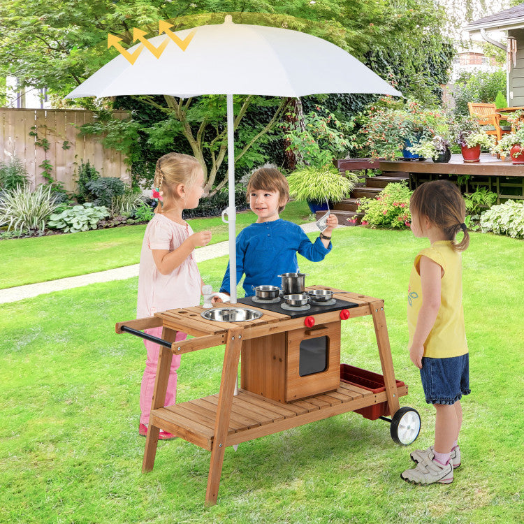 Hikidspace Wooden Pretend Kitchen Play Cart for Toddlers Over 3 Years Old with Sun Proof Umbrella_White