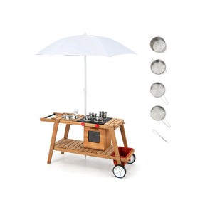 Hikidspace Wooden Pretend Kitchen Play Cart for Toddlers Over 3 Years Old with Sun Proof Umbrella_White