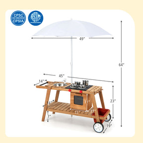 Hikidspace Wooden Pretend Kitchen Play Cart for Toddlers Over 3 Years Old with Sun Proof Umbrella_White