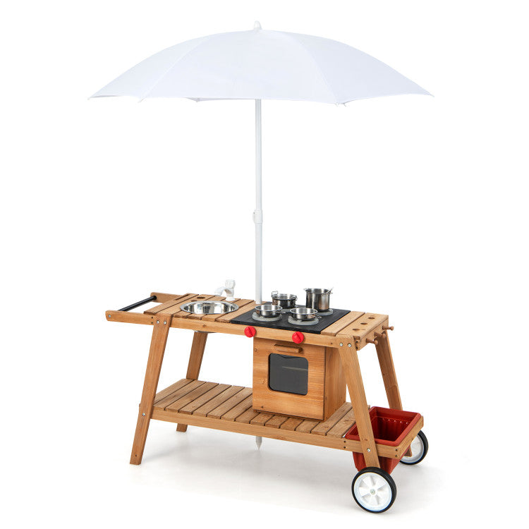 Hikidspace Wooden Pretend Kitchen Play Cart for Toddlers Over 3 Years Old with Sun Proof Umbrella_White