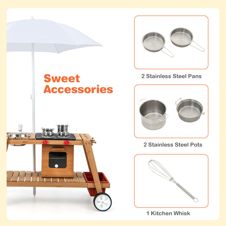 Hikidspace Wooden Pretend Kitchen Play Cart for Toddlers Over 3 Years Old with Sun Proof Umbrella_White