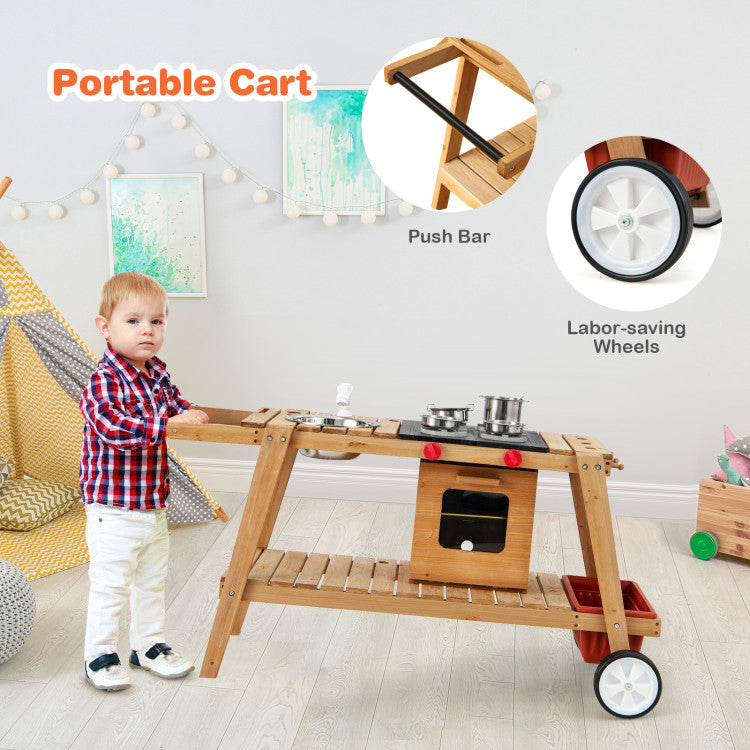 Hikidspace Wooden Pretend Kitchen Play Cart for Toddlers Over 3 Years Old with Sun Proof Umbrella_White