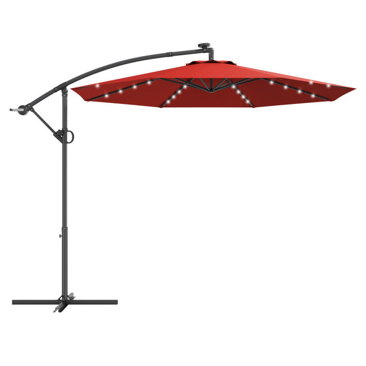 10 Feet Patio Offset Umbrella with 32 Solar Powered LED and Cross Base