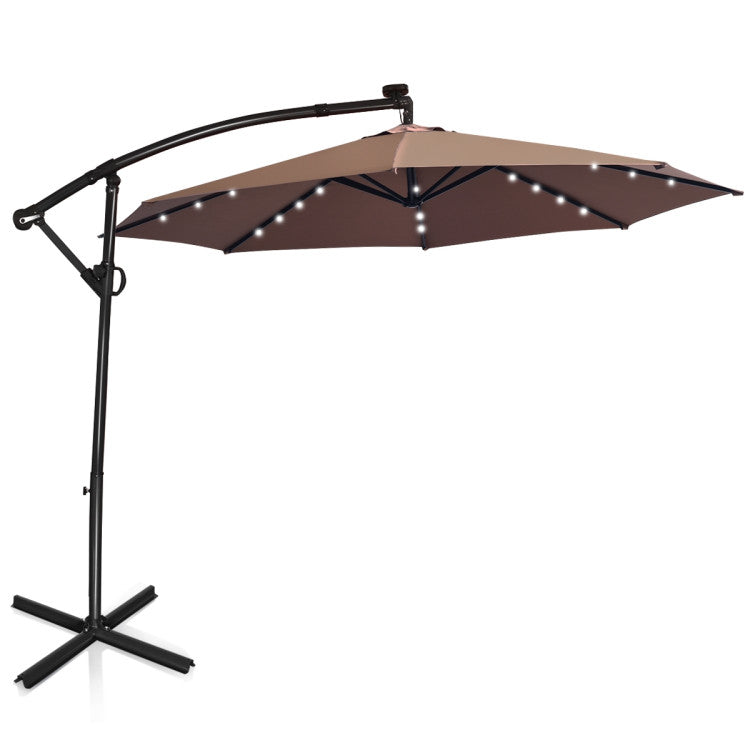 10 Feet Patio Offset Umbrella with 32 Solar Powered LED and Cross Base