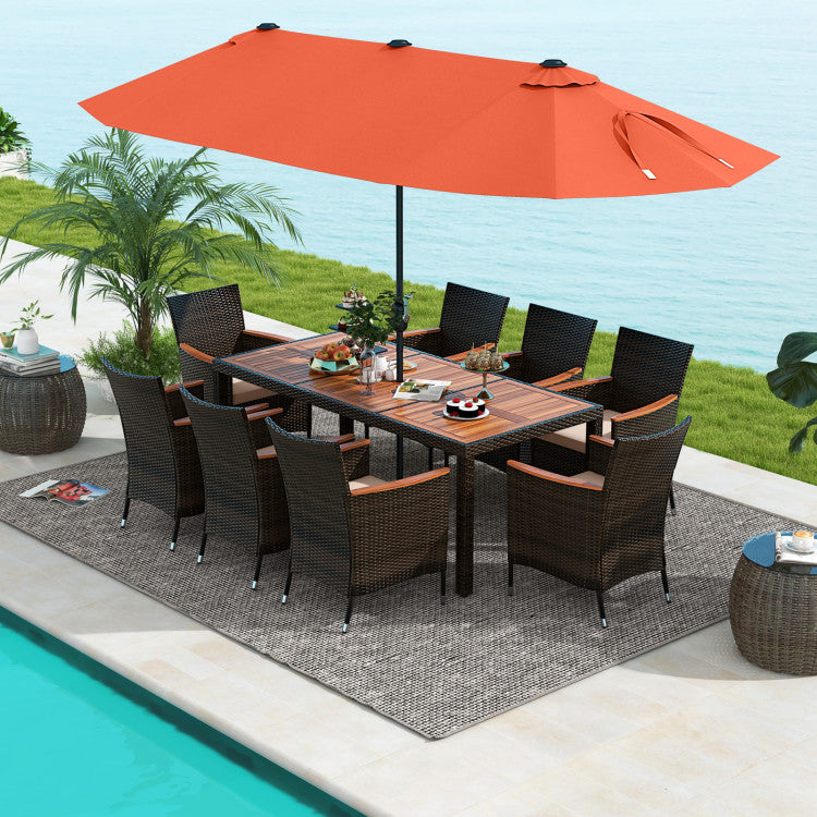 11 Pieces Patio Dining Set with 15 Feet Solar-Powered LED Umbrella and Base