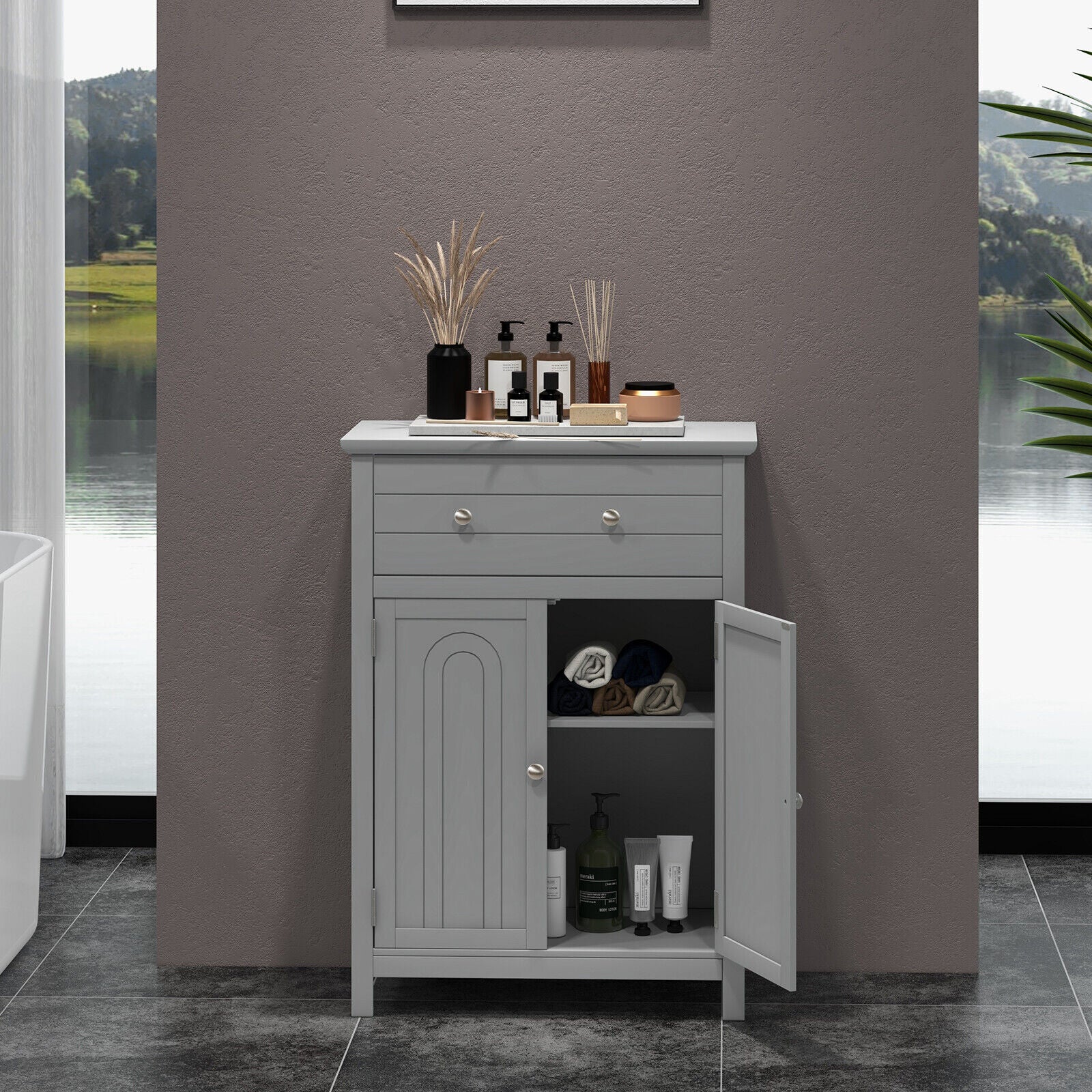 2-Door Freestanding Bathroom Cabinet with Drawer and Adjustable Shelf for Living Room, Entryway, Kitchen