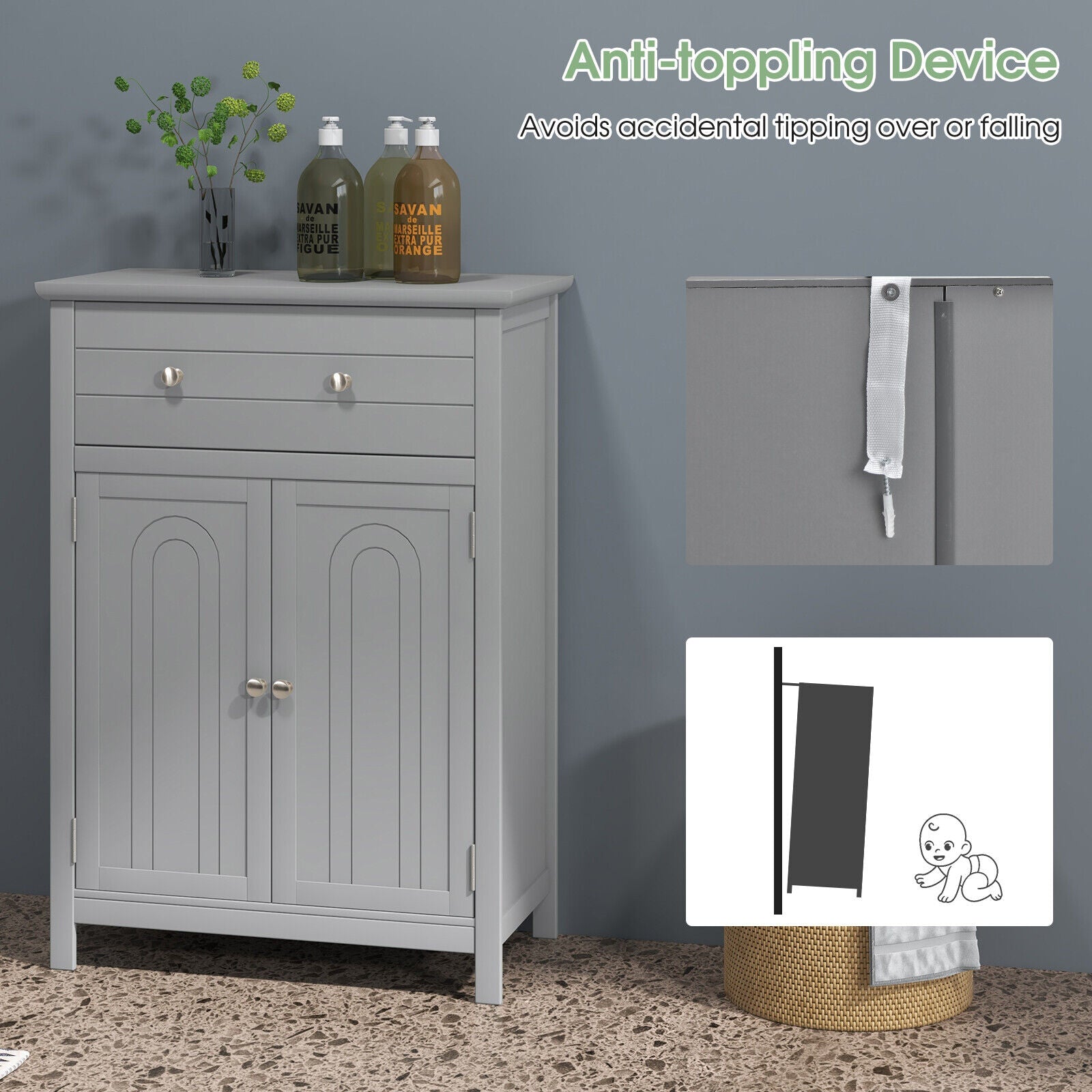 2-Door Freestanding Bathroom Cabinet with Drawer and Adjustable Shelf for Living Room, Entryway, Kitchen