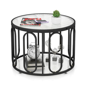 24 Inch Round Coffee Table with Reeded Tempered Glass Top and Swivel Foot Pad