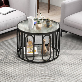 24 Inch Round Coffee Table with Reeded Tempered Glass Top and Swivel Foot Pad