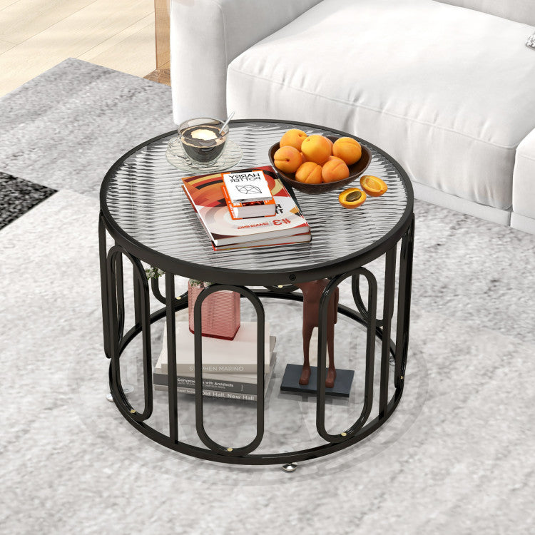 24 Inch Round Coffee Table with Reeded Tempered Glass Top and Swivel Foot Pad