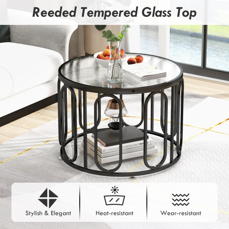 24 Inch Round Coffee Table with Reeded Tempered Glass Top and Swivel Foot Pad