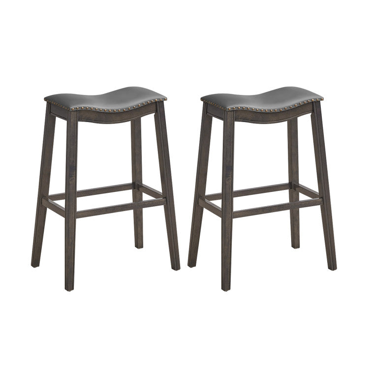 29 Inch Set of 2 Wood Nailhead Barstools with PVC Leather Padded  Seat for Kitchen and Pub