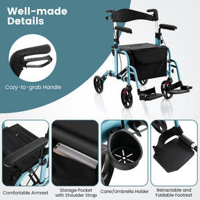 Hikidspace 2 in 1 Rollator Walker Wheelchair Folding Medical Walker Rolling Transport Chair Mobility Walking_Navy