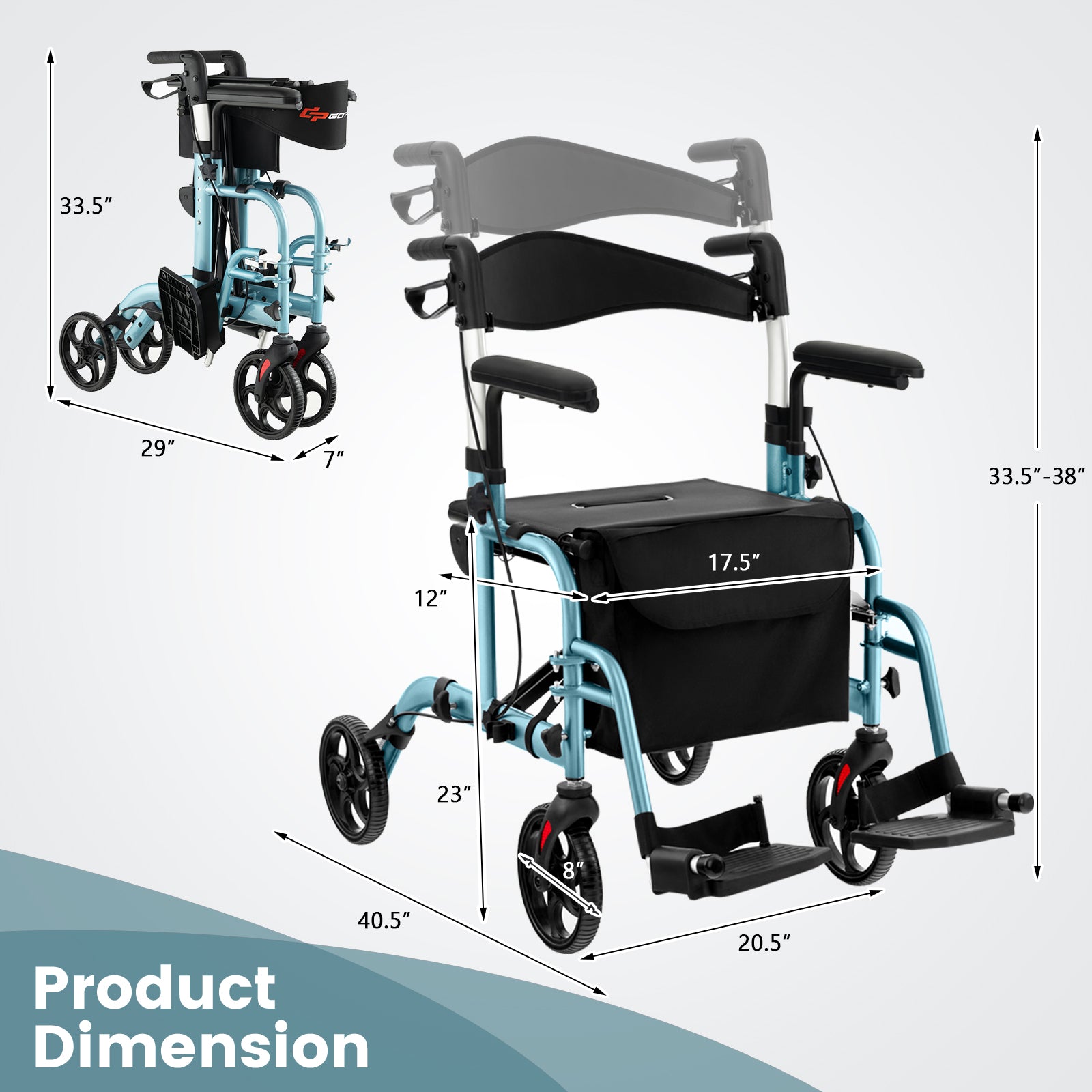 Hikidspace 2 in 1 Rollator Walker Wheelchair Folding Medical Walker Rolling Transport Chair Mobility Walking_Navy