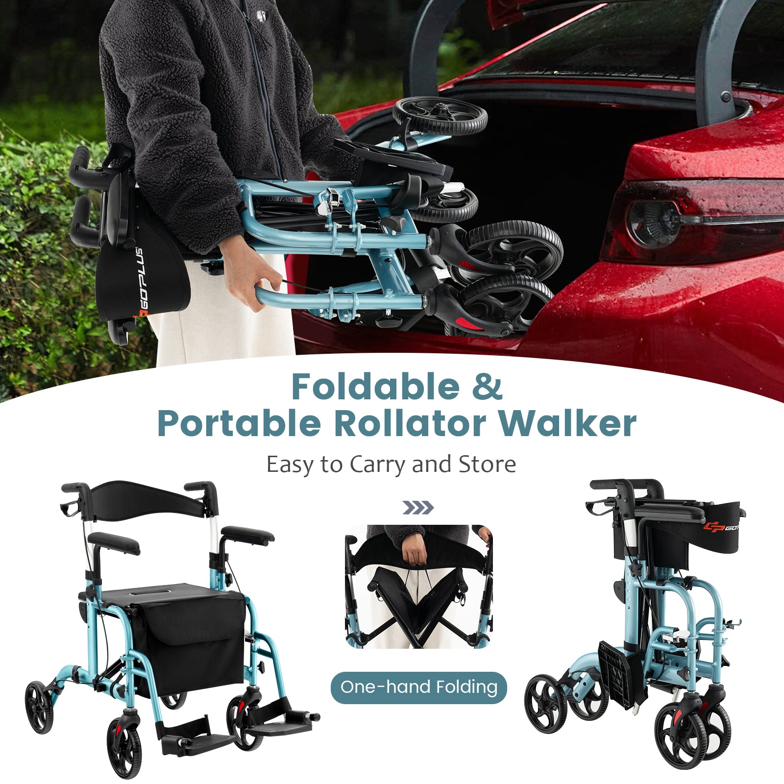 2 in 1 Rollator Walker Wheelchair Folding Medical Walker Rolling Transport Chair Mobility Walking