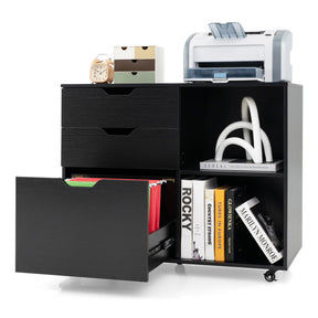 Hikidspace 3-Drawer File Cabinet with Adjustable Shelf and Lockable Wheels for Home Office_Black