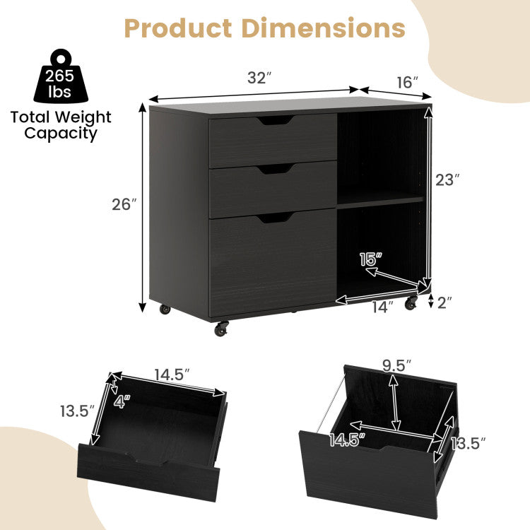 Hikidspace 3-Drawer File Cabinet with Adjustable Shelf and Lockable Wheels for Home Office_Black