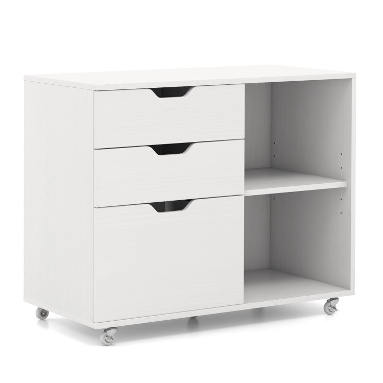 Hikidspace 3-Drawer File Cabinet with Adjustable Shelf and Lockable Wheels for Home Office_White