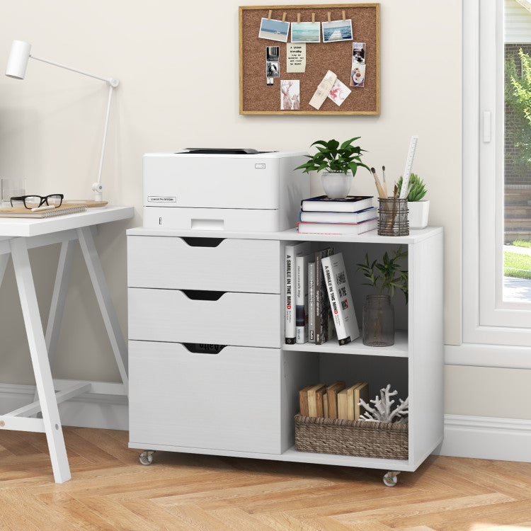 Hikidspace 3-Drawer File Cabinet with Adjustable Shelf and Lockable Wheels for Home Office_White