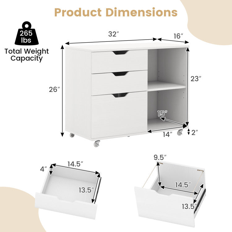 Hikidspace 3-Drawer File Cabinet with Adjustable Shelf and Lockable Wheels for Home Office_White