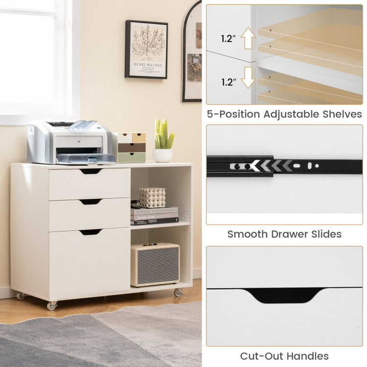 Hikidspace 3-Drawer File Cabinet with Adjustable Shelf and Lockable Wheels for Home Office_White