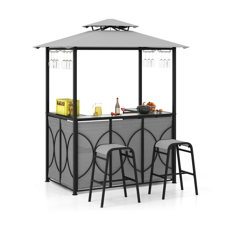 Hikidspace 3-Piece Patio Bar Set Grill with Tempered Glass Bar Table & Gazebo & 2 Bar Stools_Gray