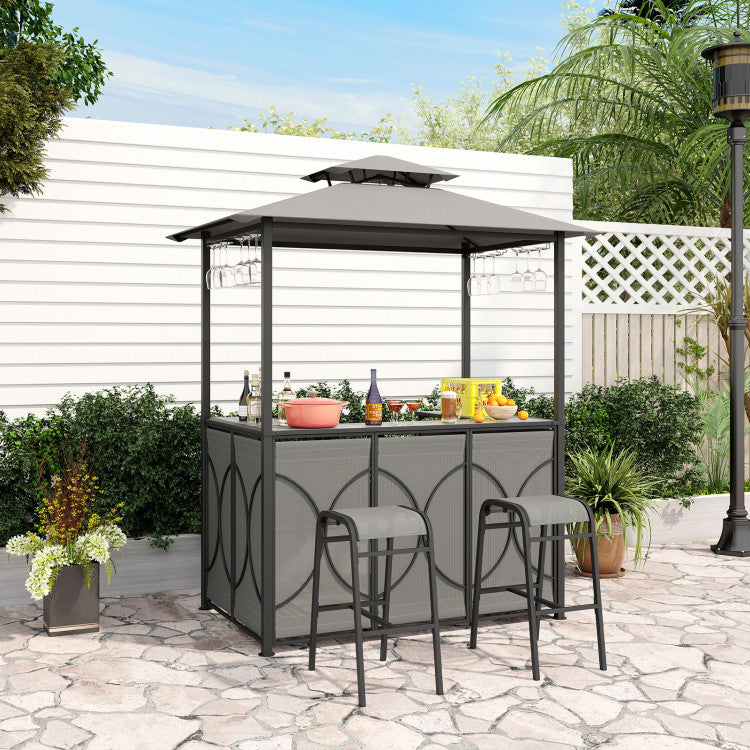 Hikidspace 3-Piece Patio Bar Set Grill with Tempered Glass Bar Table & Gazebo & 2 Bar Stools_Gray