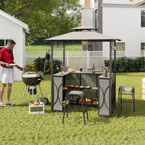 Hikidspace 3-Piece Patio Bar Set Grill with Tempered Glass Bar Table & Gazebo & 2 Bar Stools_Gray