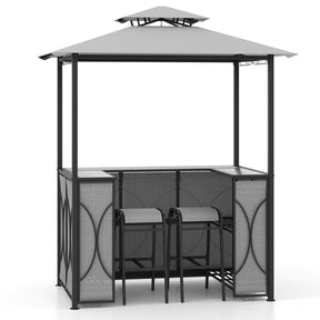 Hikidspace 3-Piece Patio Bar Set Grill with Tempered Glass Bar Table & Gazebo & 2 Bar Stools_Gray