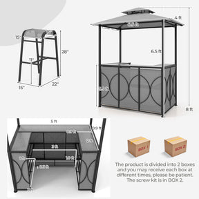 Hikidspace 3-Piece Patio Bar Set Grill with Tempered Glass Bar Table & Gazebo & 2 Bar Stools_Gray