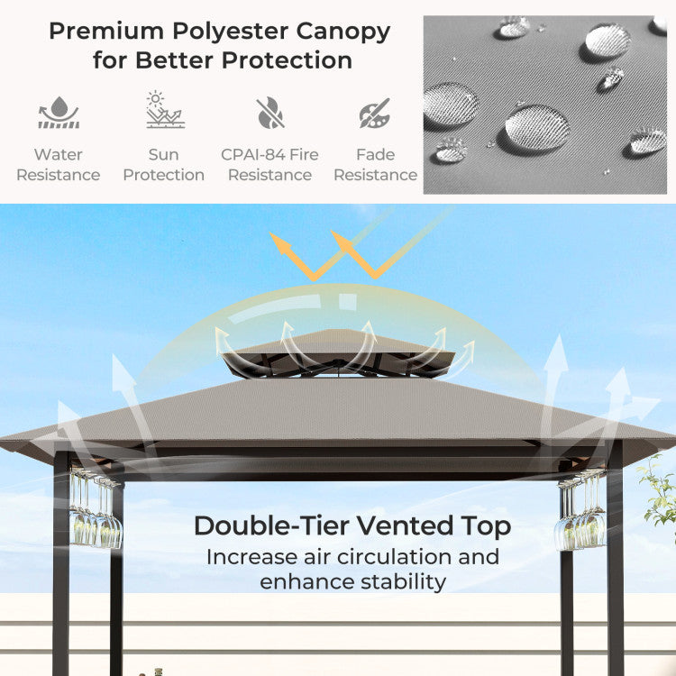 Hikidspace 3-Piece Patio Bar Set Grill with Tempered Glass Bar Table & Gazebo & 2 Bar Stools_Gray