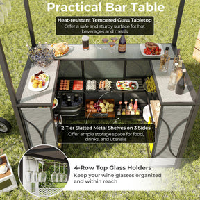 Hikidspace 3-Piece Patio Bar Set Grill with Tempered Glass Bar Table & Gazebo & 2 Bar Stools_Gray