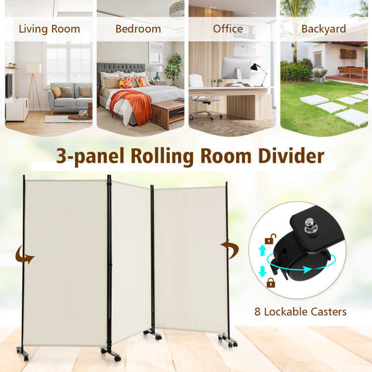 3 Panel Folding Room Divider with Lockable Wheels for Home Office Hospital Restaurant