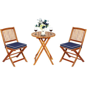 3 Pieces Acacia Patio Folding Bistro Round Coffee Table Chairs Set with Cushions