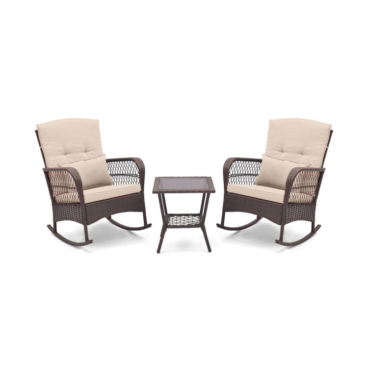 3 Pieces Bistro Rocking Chair Set with 2-Tier Coffee Table and Seat Cushions