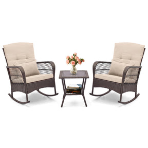 3 Pieces Bistro Rocking Chair Set with 2-Tier Coffee Table and Seat Cushions