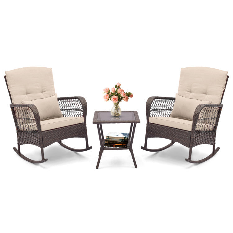 3 Pieces Bistro Rocking Chair Set with 2-Tier Coffee Table and Seat Cushions