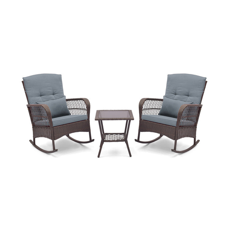 3 Pieces Bistro Rocking Chair Set with 2-Tier Coffee Table and Seat Cushions