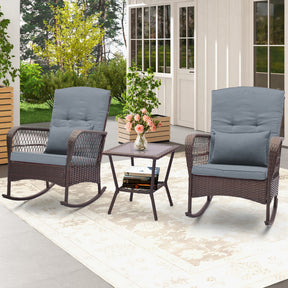 3 Pieces Bistro Rocking Chair Set with 2-Tier Coffee Table and Seat Cushions