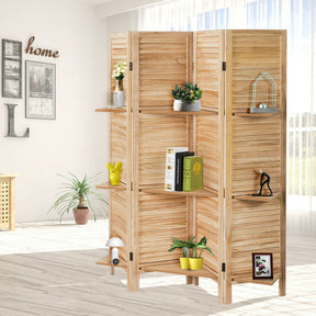 4 Panel Freestanding Folding Hinged Room Divider with 3 Storage Shelves