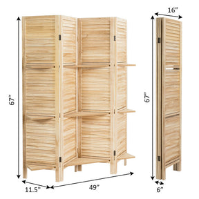 4 Panel Freestanding Folding Hinged Room Divider with 3 Storage Shelves