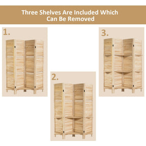 4 Panel Freestanding Folding Hinged Room Divider with 3 Storage Shelves