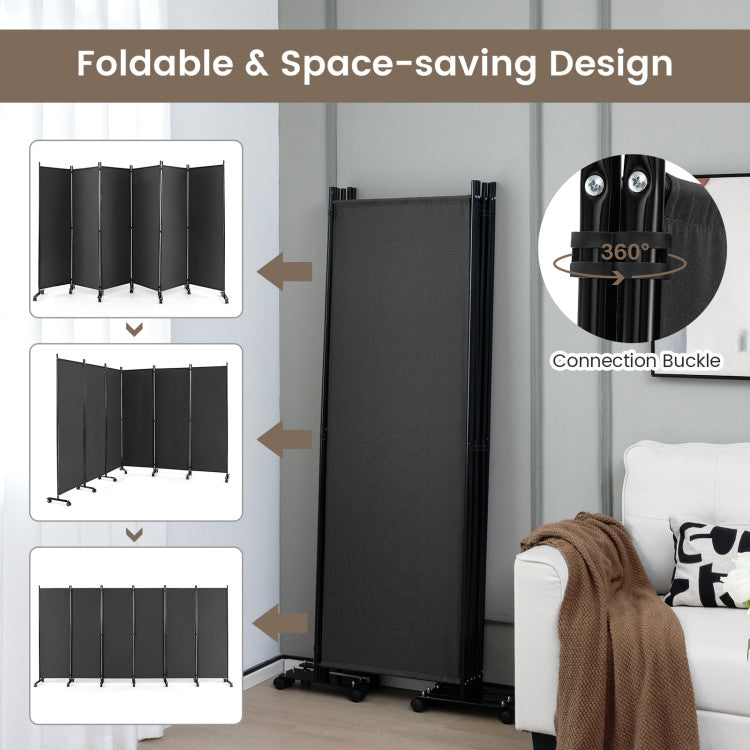 6 Panels 5.7 Feet Tall Rolling Room Divider with Lockable Wheels