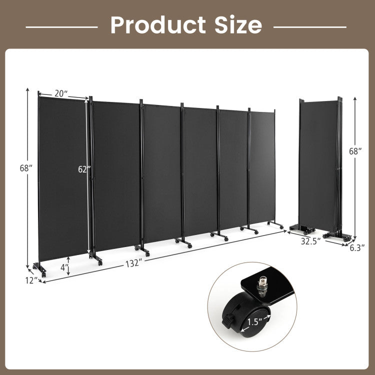 6 Panels 5.7 Feet Tall Rolling Room Divider with Lockable Wheels