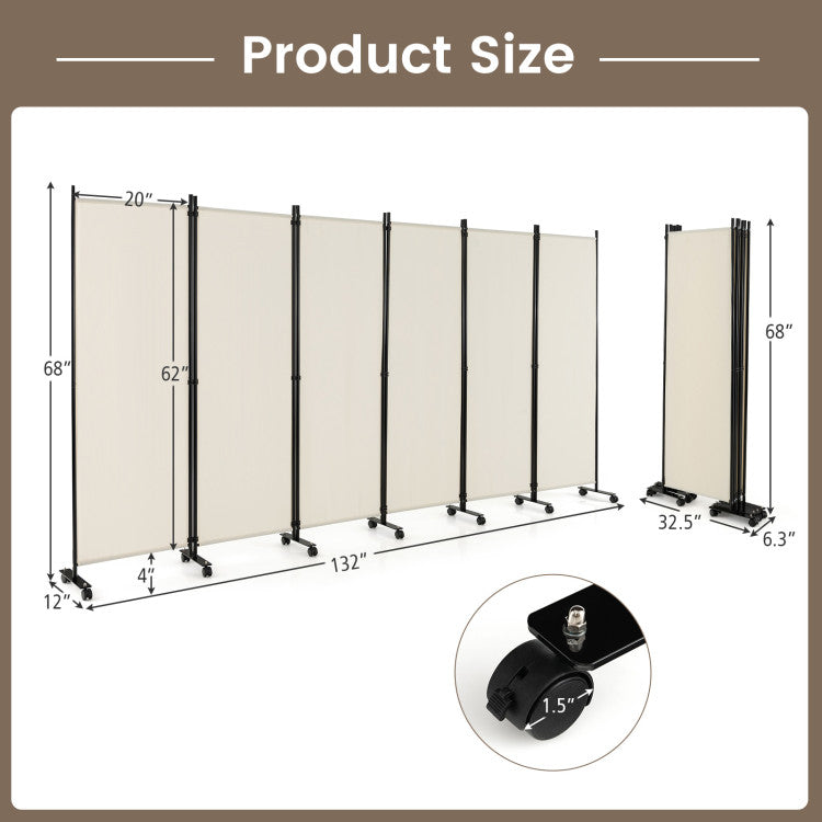 6 Panels 5.7 Feet Tall Rolling Room Divider with Lockable Wheels