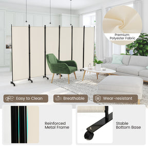 6 Panels 5.7 Feet Tall Rolling Room Divider with Lockable Wheels